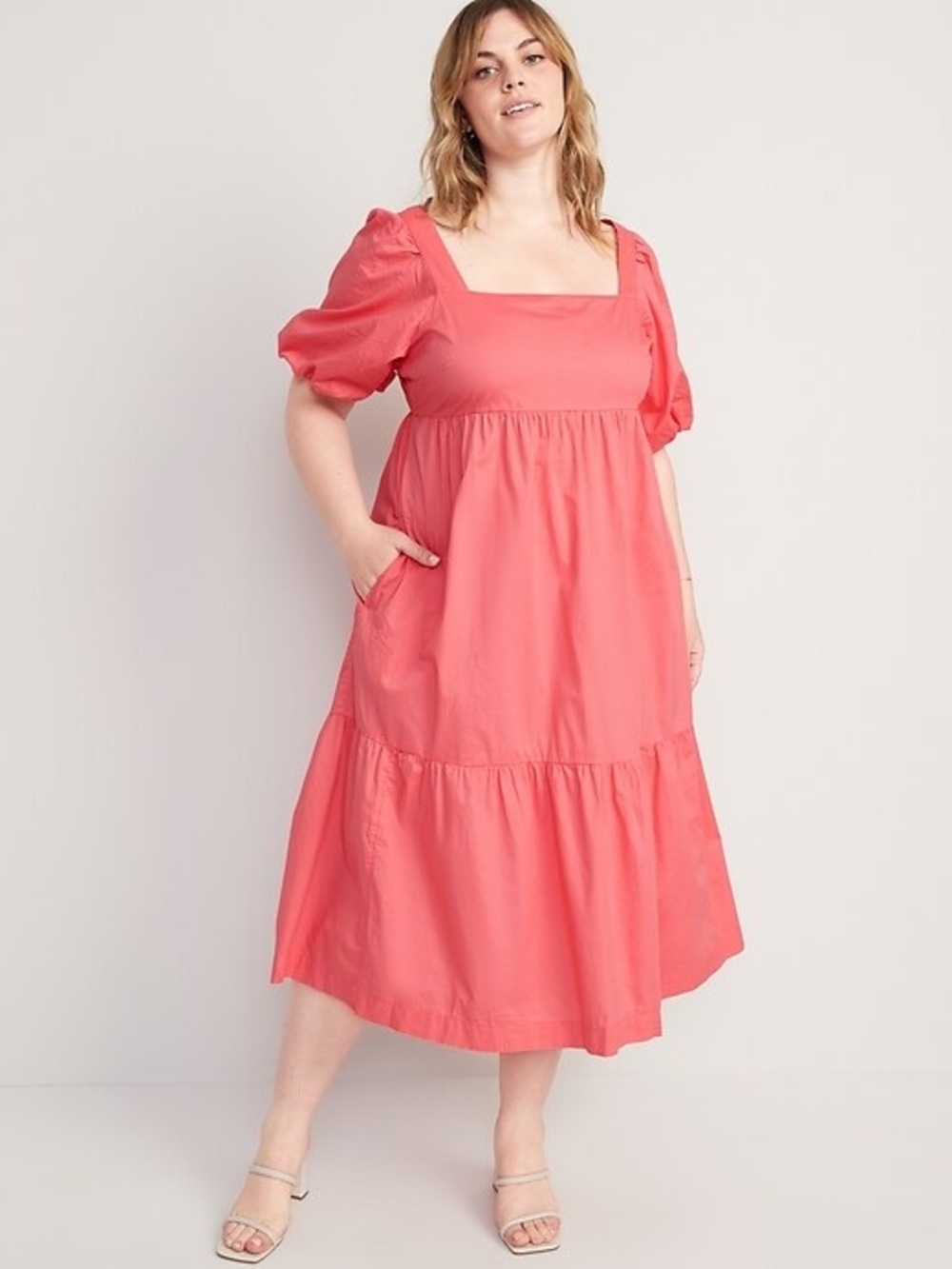 Old Navy Coral Puff-Sleeve Square-Neck Midi Dress